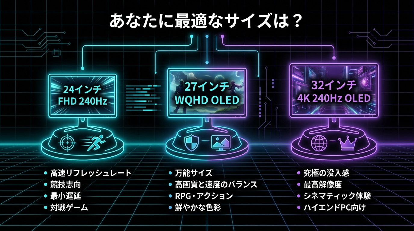 ゲーミングモニターのサイズ別比較インフォグラフィック